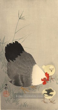  ohara - Henne und zwei Küken im Gras Ohara Koson Shin Hanga